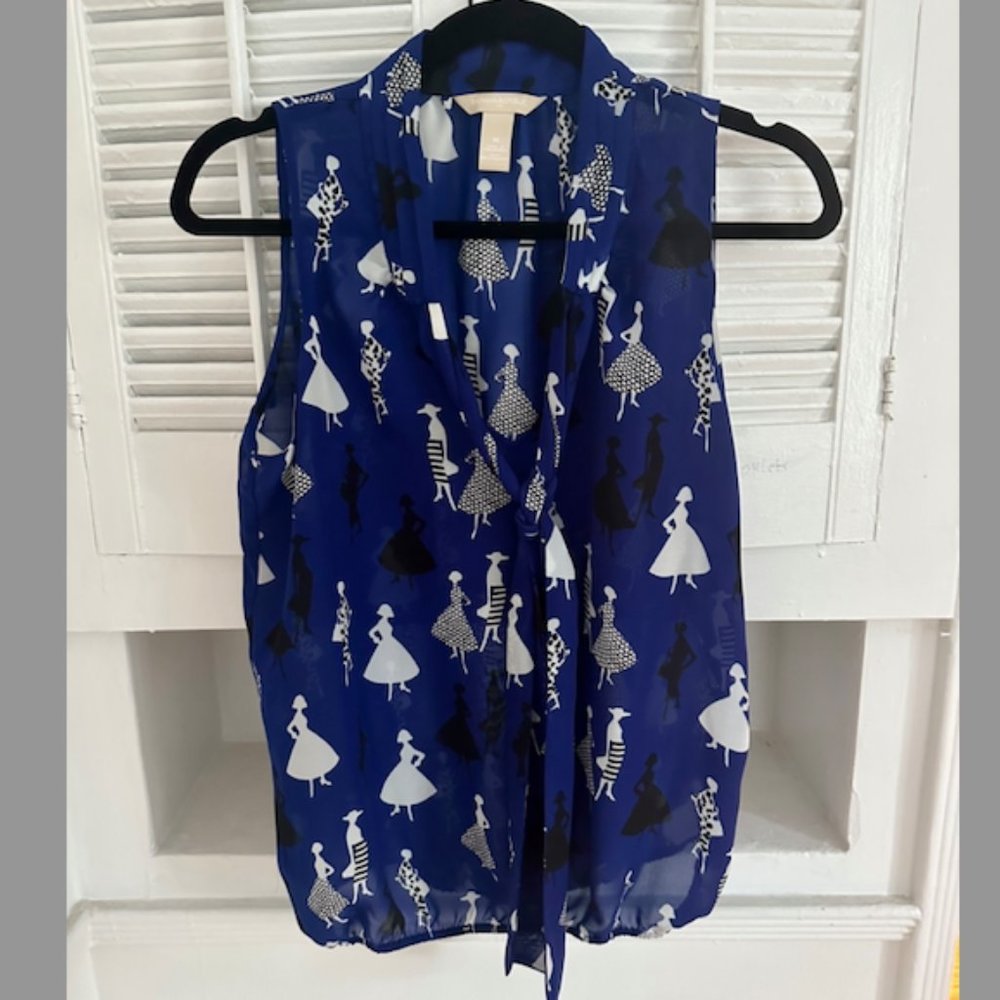 BANANA REPUBLIC Blue Dress Print Sleeveless Blouse with Scarf Tie Collar, Size M